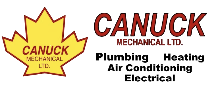 Canuck Mechanical Ltd. logo with a yellow maple leaf, company name, and BC HVAC services: Plumbing, Heating, AC, Electrical. Canuck Mechanical