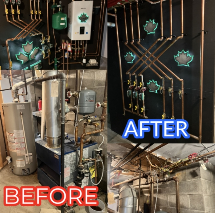 Before and after boiler room photos show a cluttered system versus a tidy, upgraded HVAC setup with copper pipes in British Columbia.