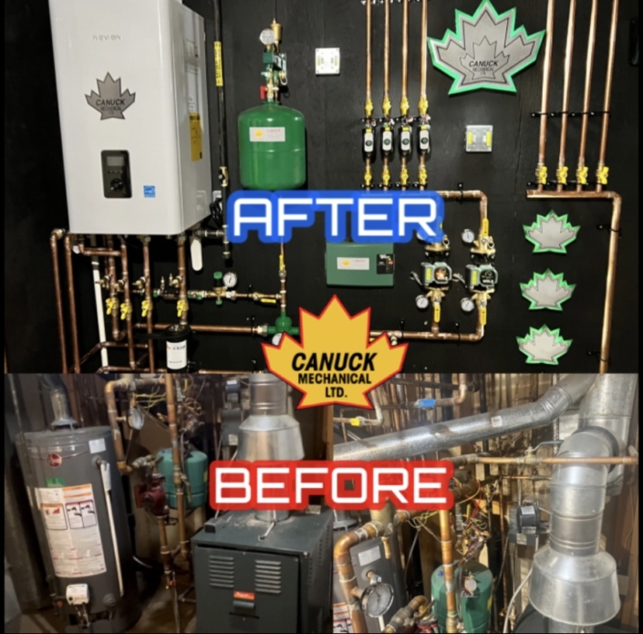 Before and after photos of a BC mechanical room: old, messy pipes replaced by Canuck Mechanical Ltd. with clean, modern HVAC systems.