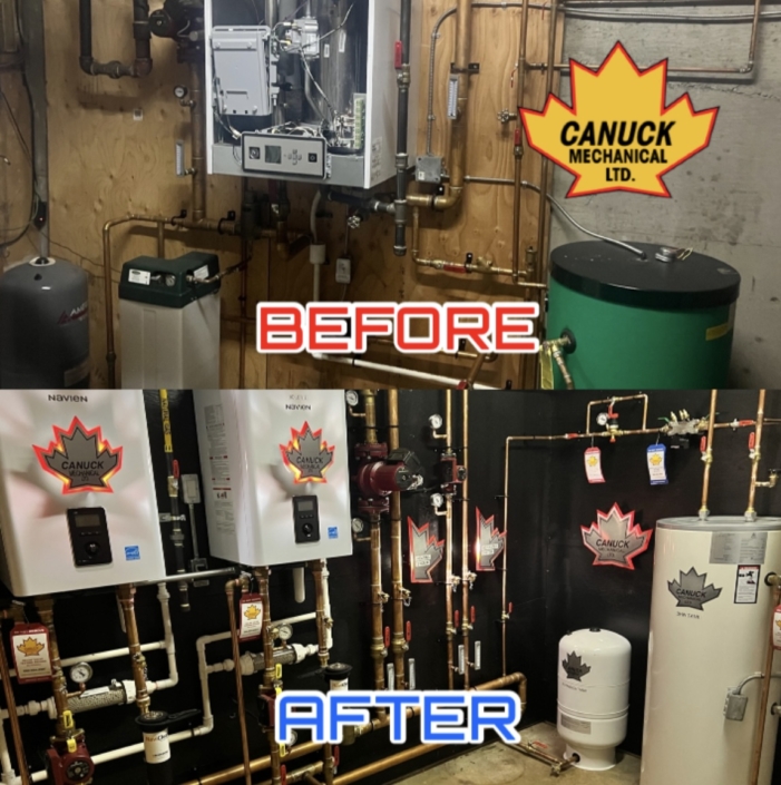 Before and after boiler room upgrade by Canuck Mechanical—old pipes and tanks replaced with new, efficient HVAC systems in BC.