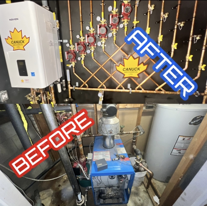 Before-and-after of a BC boiler room upgrade: old blue boiler vs. new efficient copper piping installed by expert HVAC services.