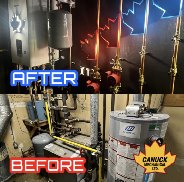 Split image of old vs. new boiler systems, labeled before and after, with Canuck Mechanical Ltd. logo—HVAC in British Columbia.